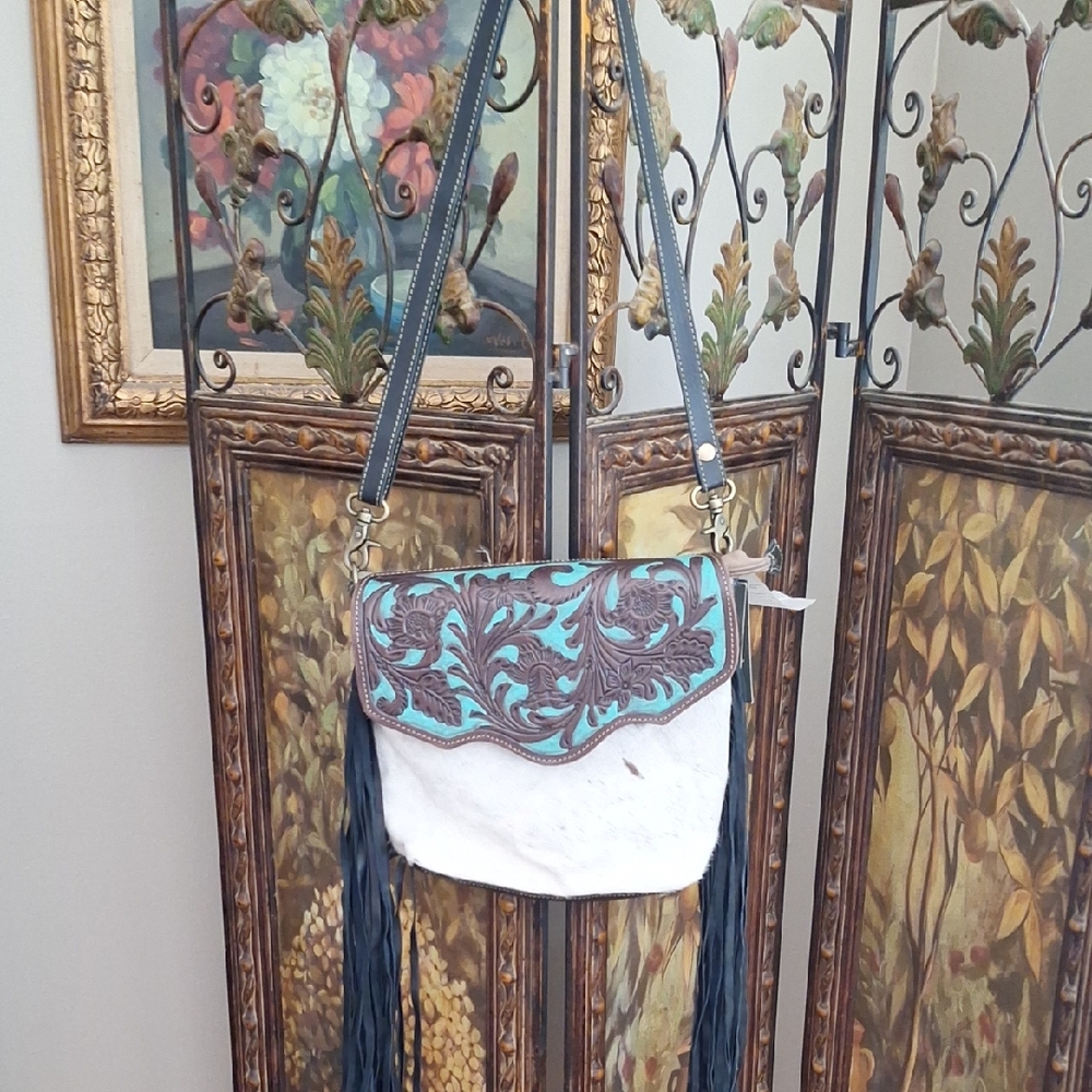 Myra Bag Turquoise, Brown and White Tooled Fringe Crossbody
